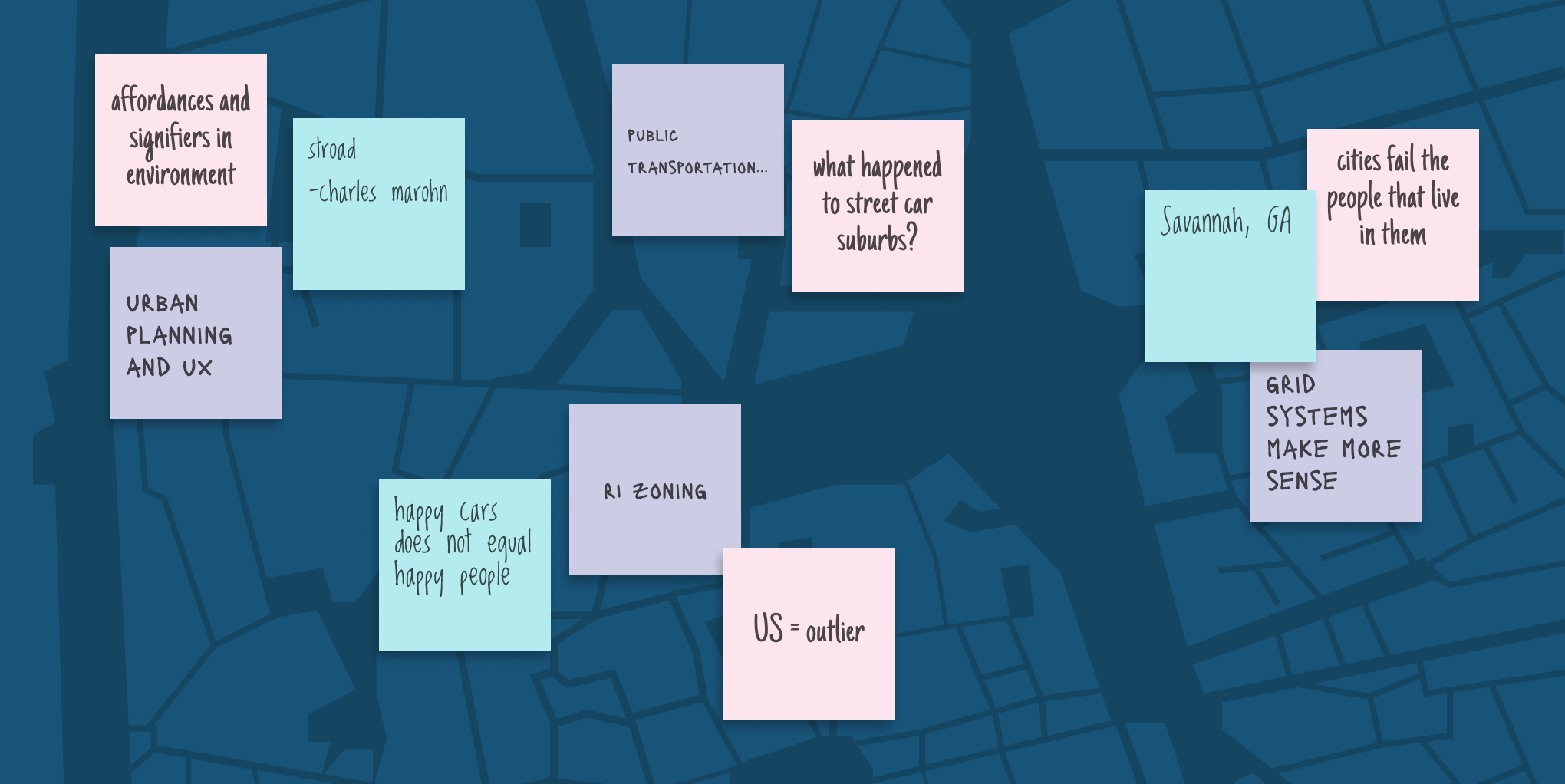 Map plan in background with sticky notes describing UX in the built environment in the foreground