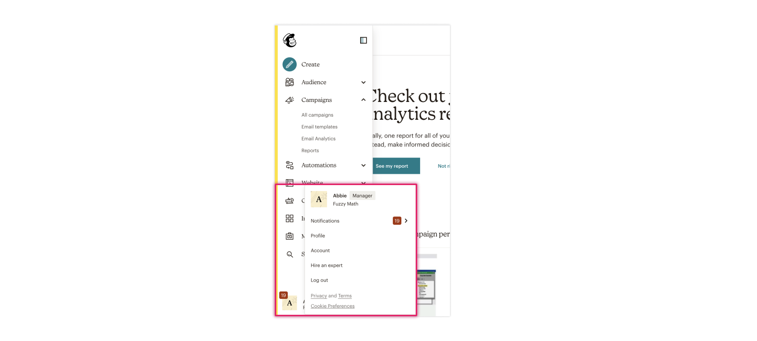 Mailchimp example showing how they fail to meet header best practices by having utility navigation be located in a hidden, left bottom corner pop out.