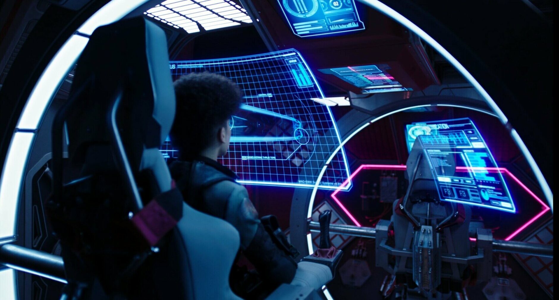 Crew members aboard the Razorback viewing floating holographic user interfaces.