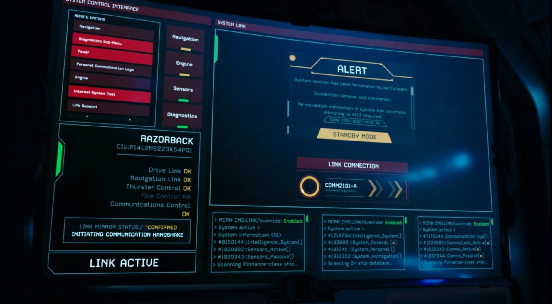 Rocinante ship interface showing an alert and various system statuses.