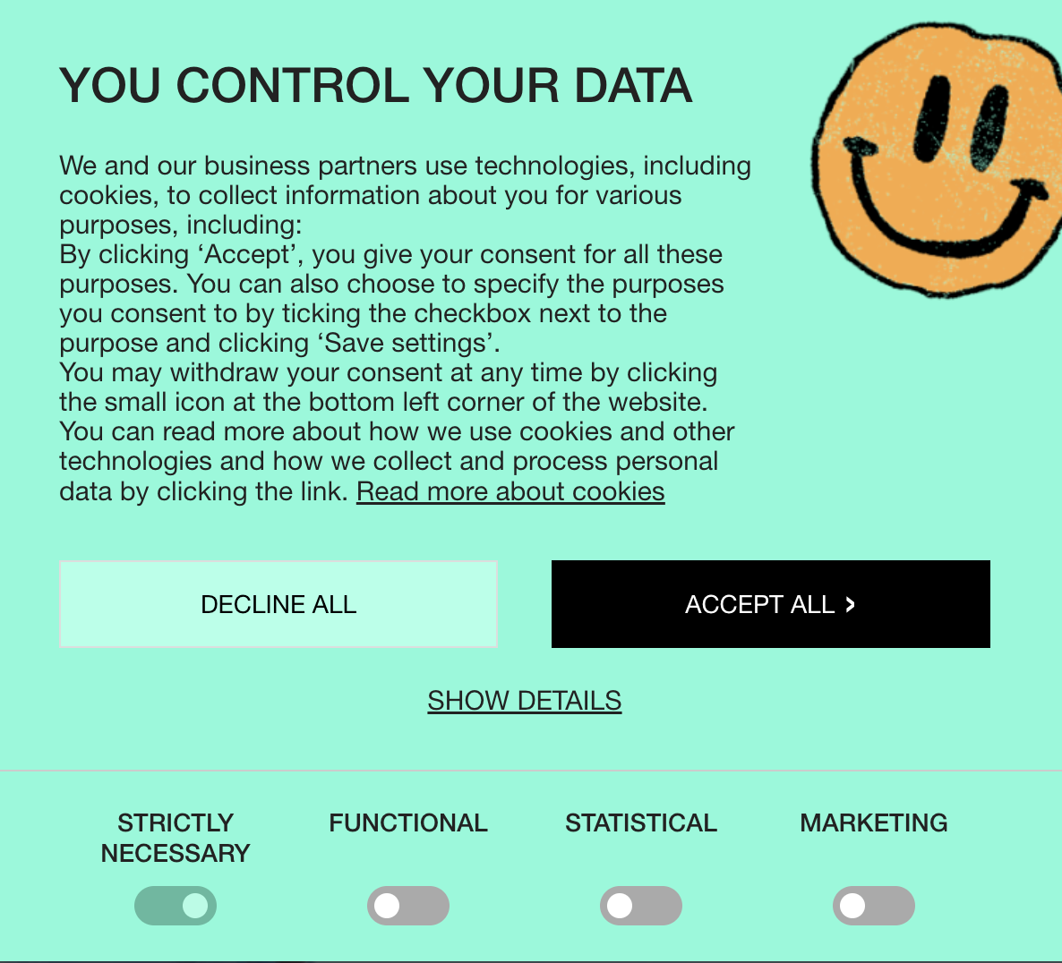 Screenshot of clothing site Ganni's cookie collection module detailing why they use cookies and asking permission for a variety of cookies