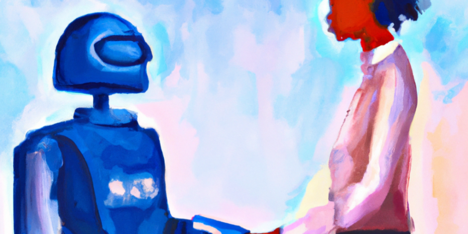 Woman and robot shaking hands