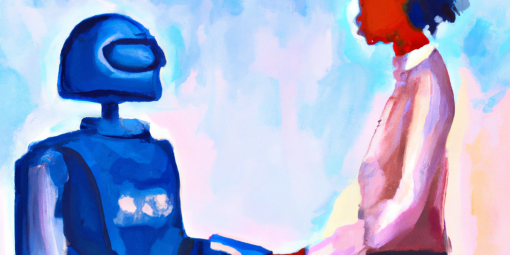 Woman and robot shaking hands