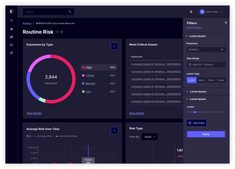 A screenshot of a data security platform design showing risks over time. The dashboard shows various data visualizations on a dark background, and has a filter panel open on the right side.