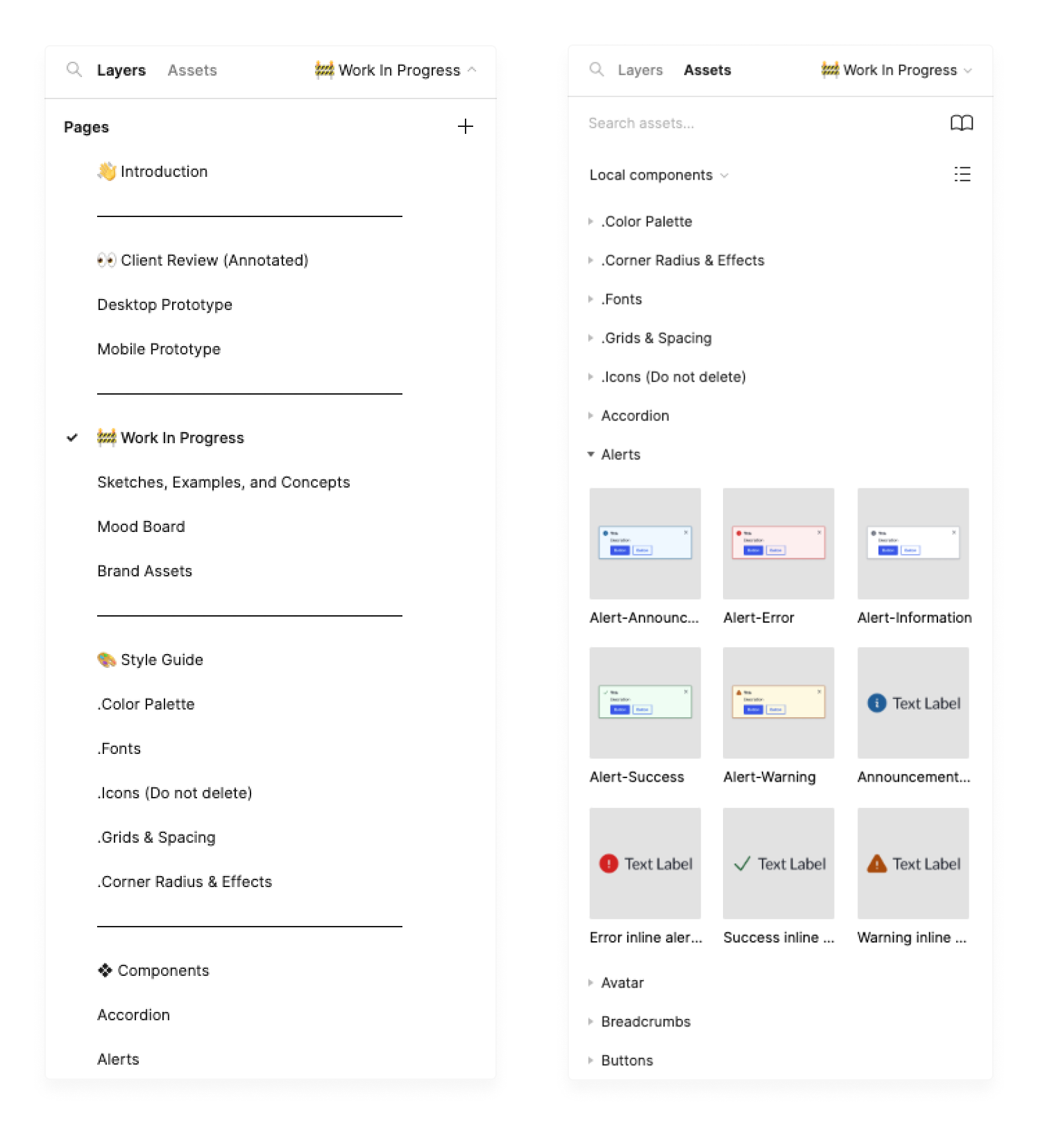 Screenshot of a website's layers and assets section. The layers section shows a list of different components, such as "Local components", "Color Palette", and "Corner Radius & Effects". The assets section shows a list of files, such as "Fonts", "Desktop Prototype", and "Mobile Prototype". The "Work In Progress" section shows a list of items that are still under development.