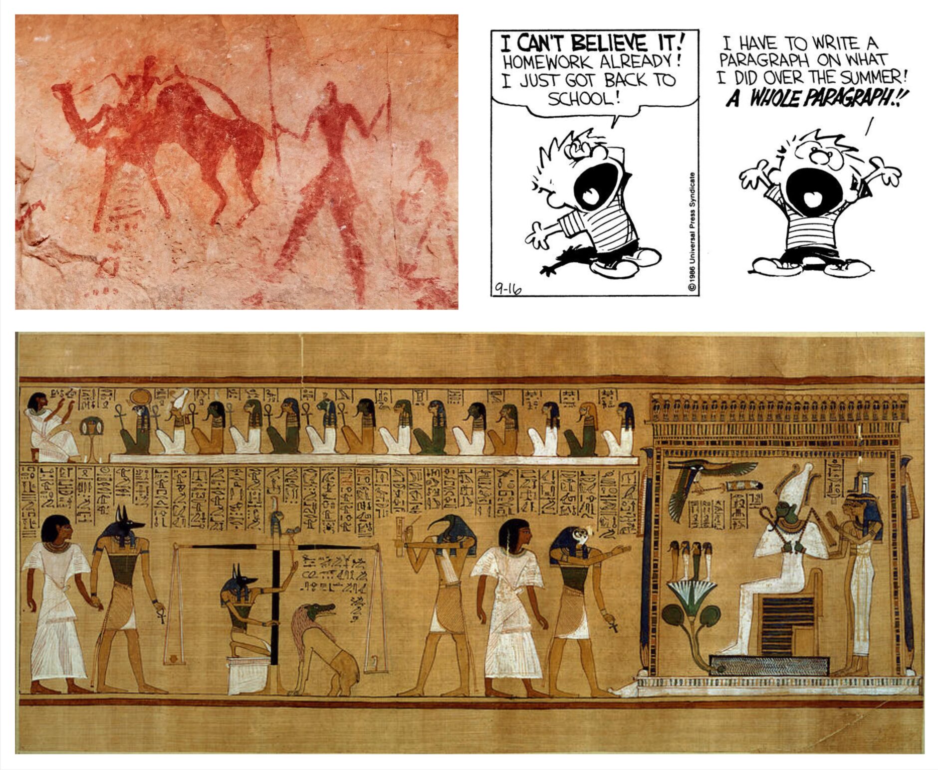 Collage of historical storytelling practices, including a cave painting, a Calvin and Hobbes cartoon, and hieroglyphic tales from ancient Egypt