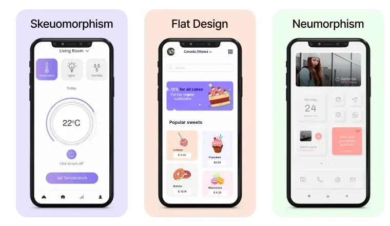 A comparison between skeuomorphism, flat design, and neumorphism