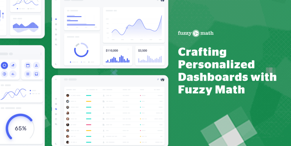 Four dashboard mockups with text next to them that says Crafting customized dashboards with Fuzzy Math on a green background