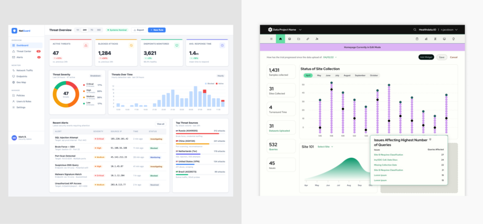 Left: generic AI-generated dashboard. Right: Fuzzy Math-designed dashboard that includes branded elements, non-traditional chart designs, and interactivity.